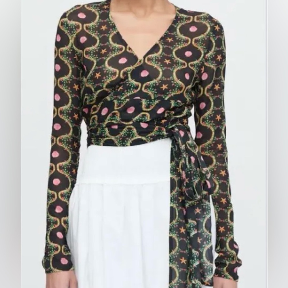Black Printed Wrap Blouse with Pink & Green Accents